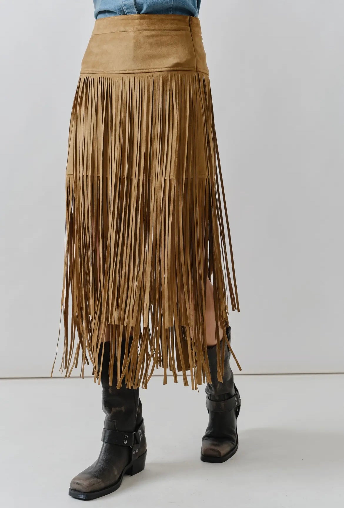 Suede Fringe Midi Skirts