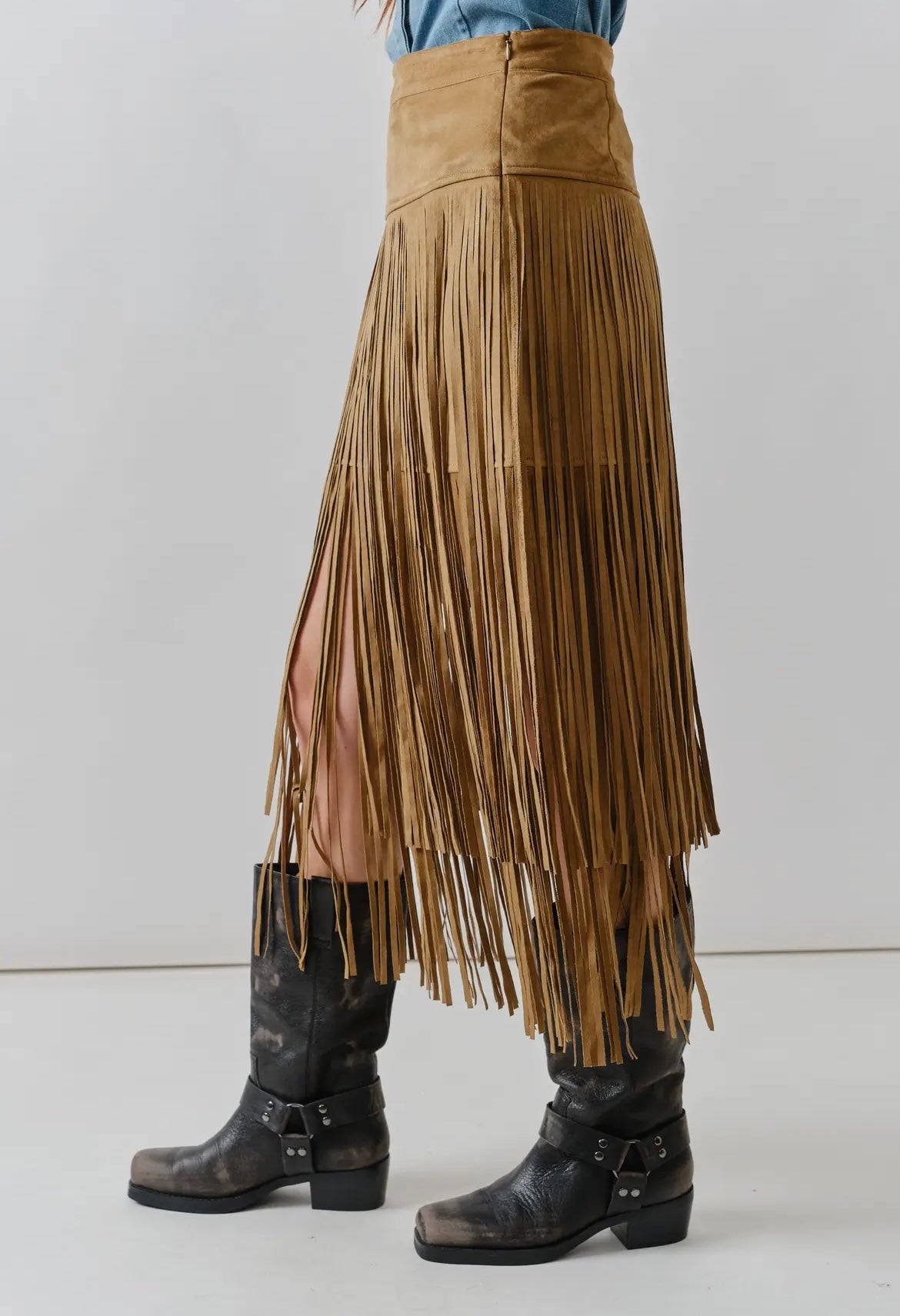 Suede Fringe Midi Skirts