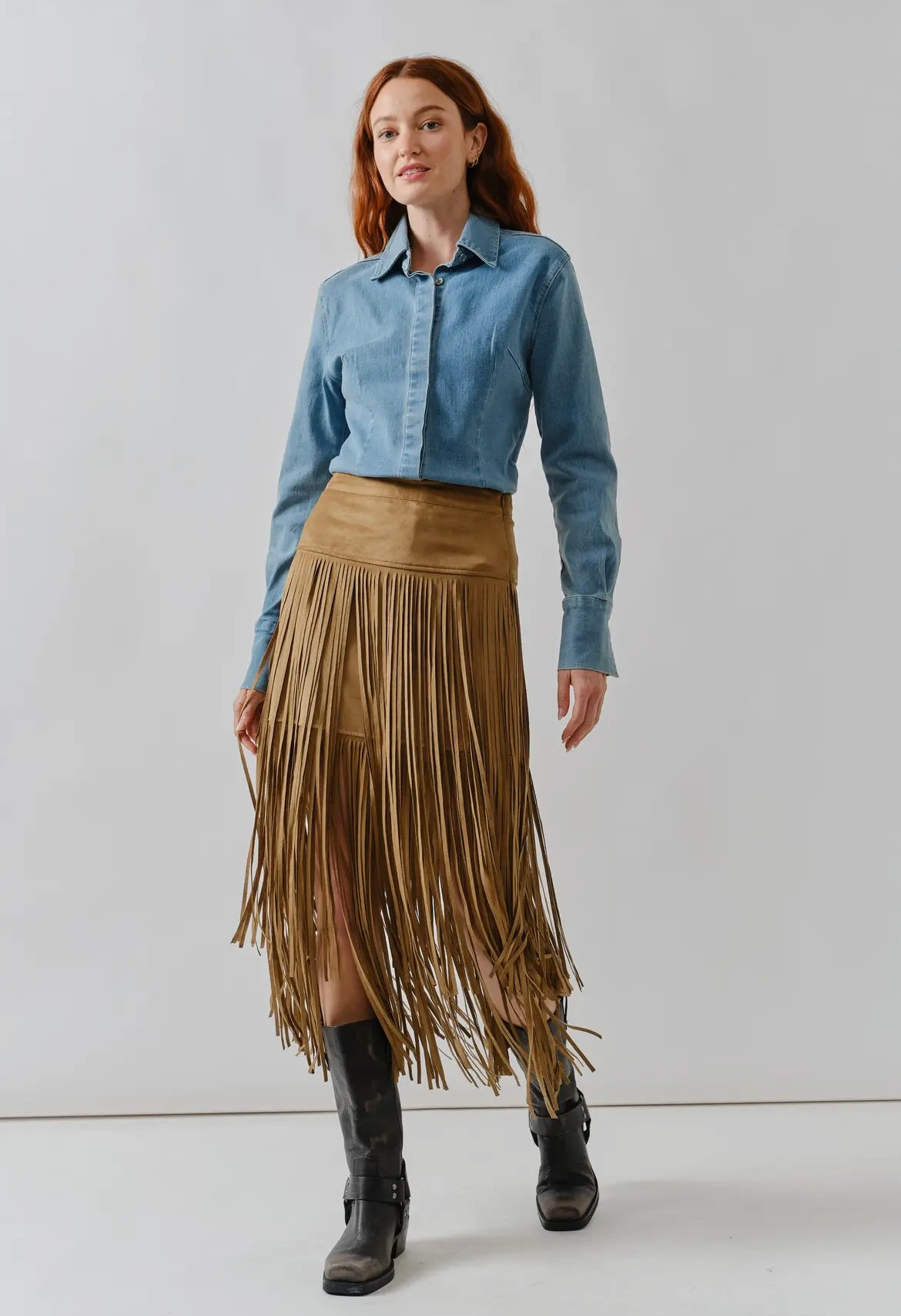 Suede Fringe Midi Skirts