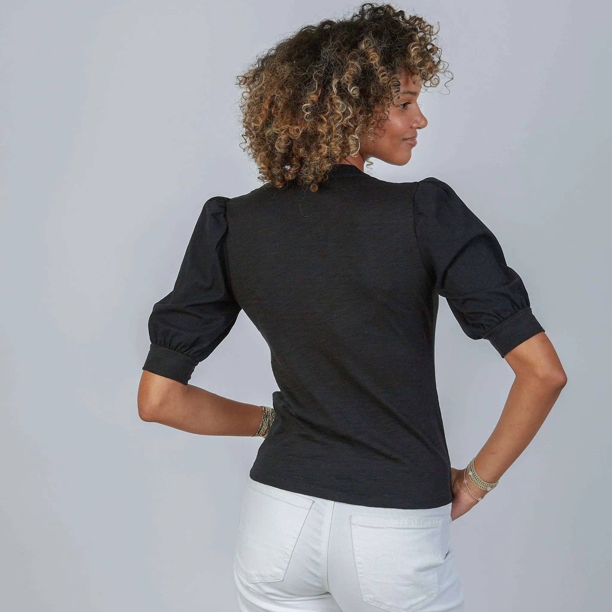 Kate Puff Sleeve V in Slub Tee
