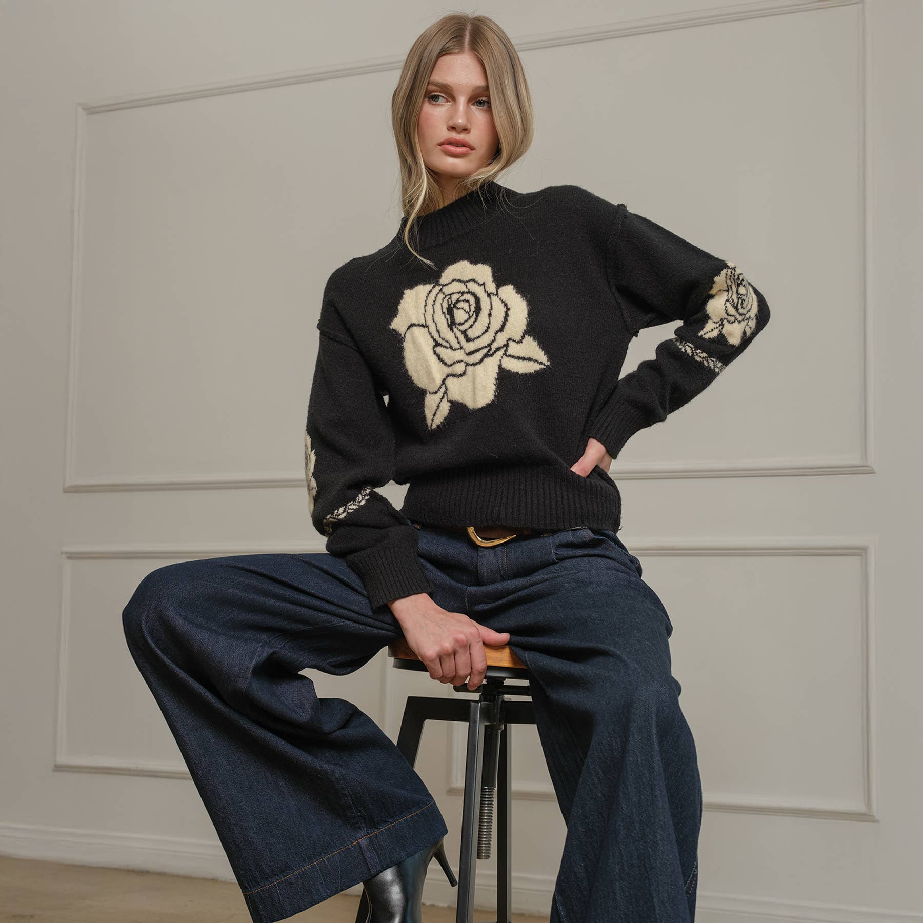 Rose Jacquard Knit Sweater