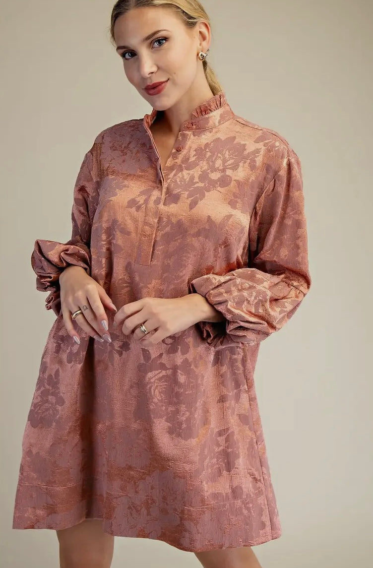 Ruffled Neck Bubble Sleeve Dress