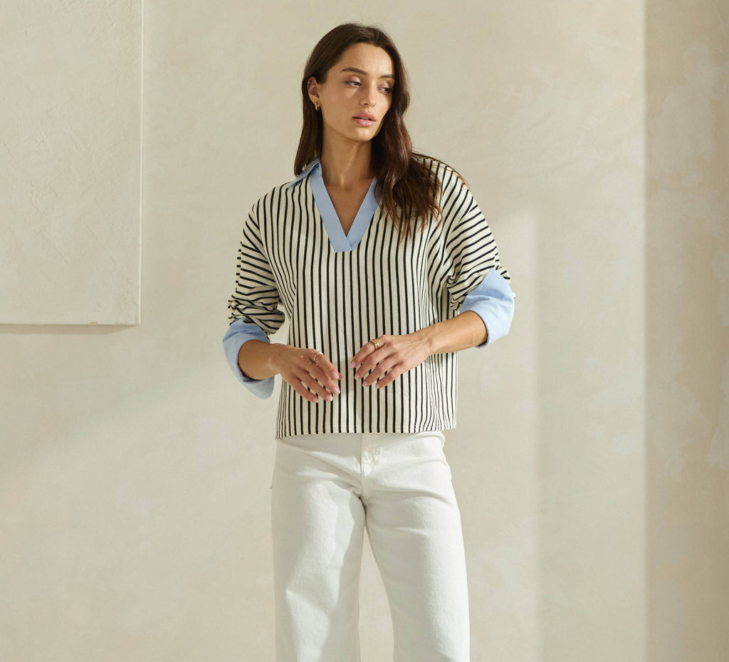 Striped Top with Contrast Neck & Cuffs