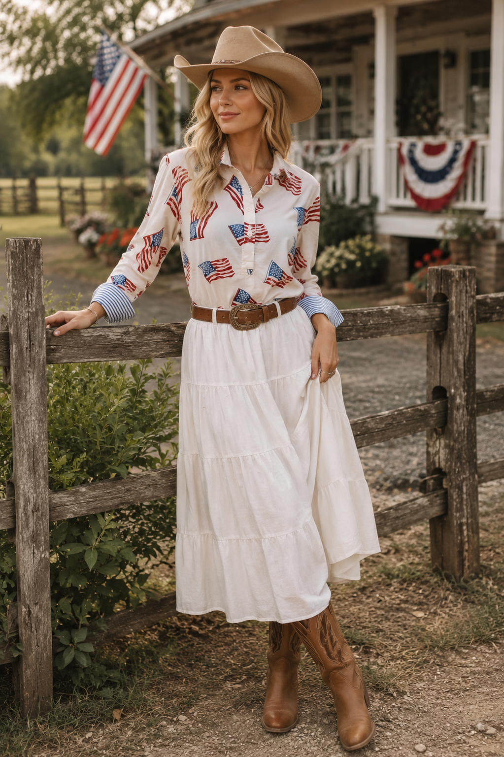 3/4 Sleeve Cotton Flag Print Blouse in White