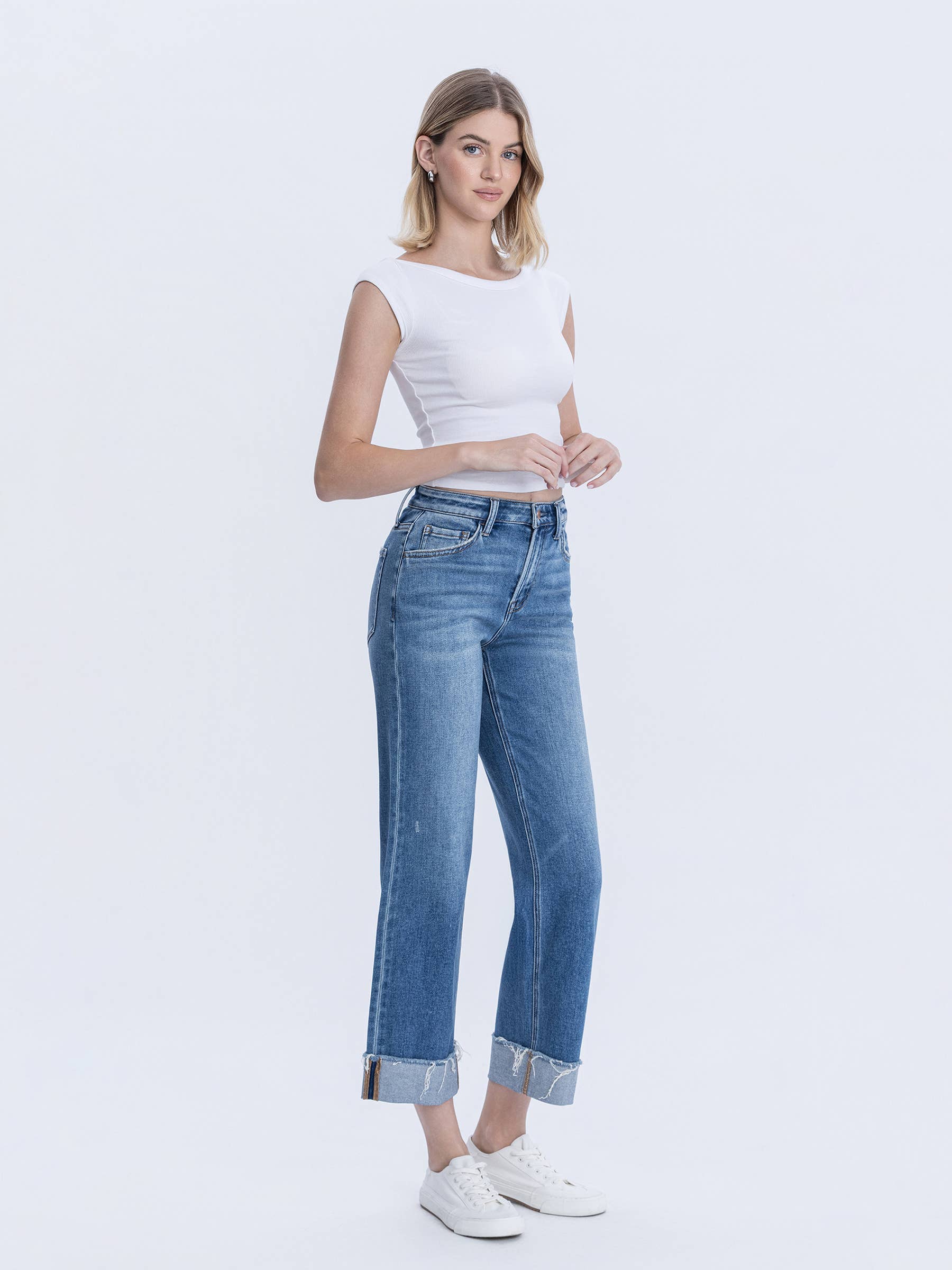 High Rise Raw Cuffed Hem Slim Wide Jeans