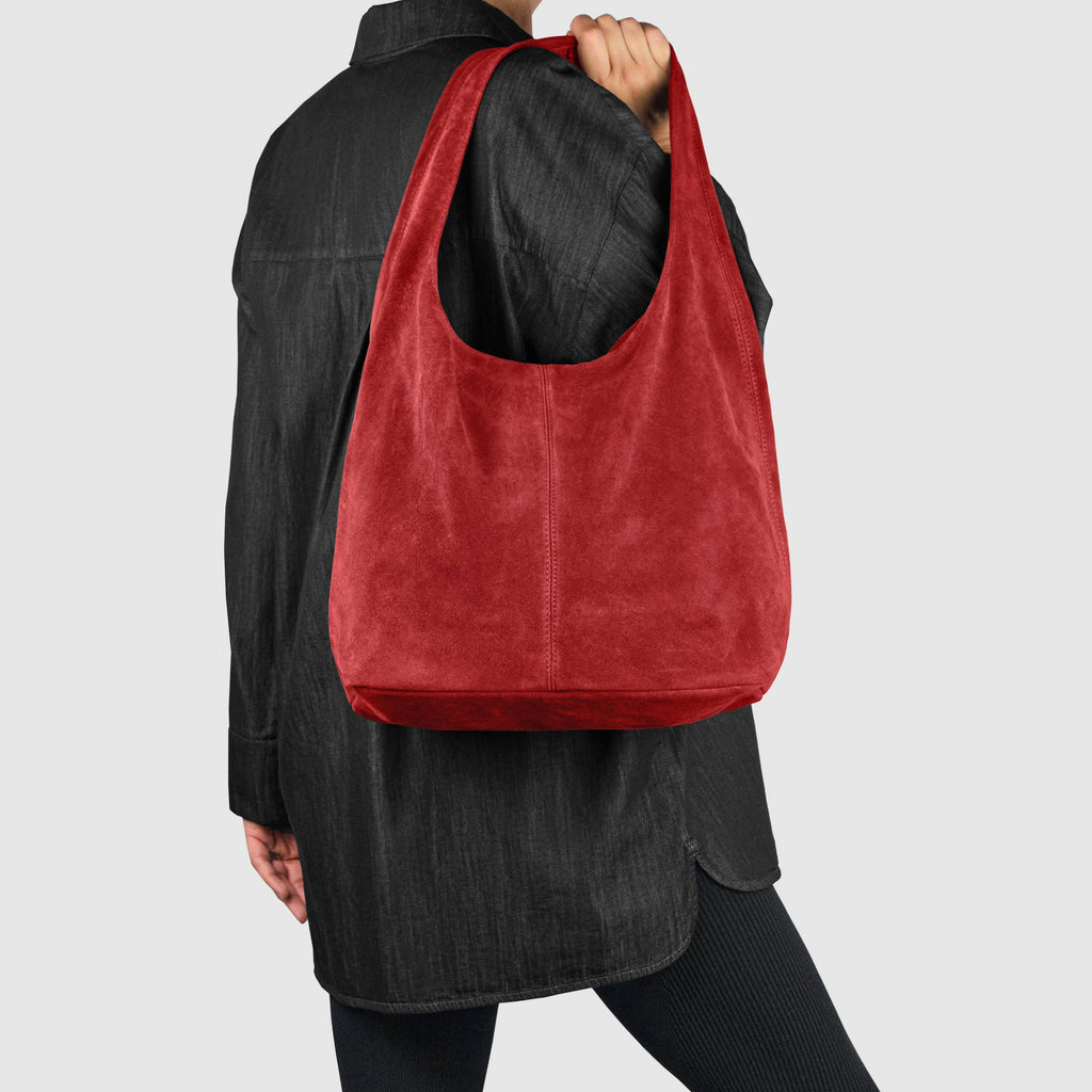 Suede Leather Hobo Bag Red Suede