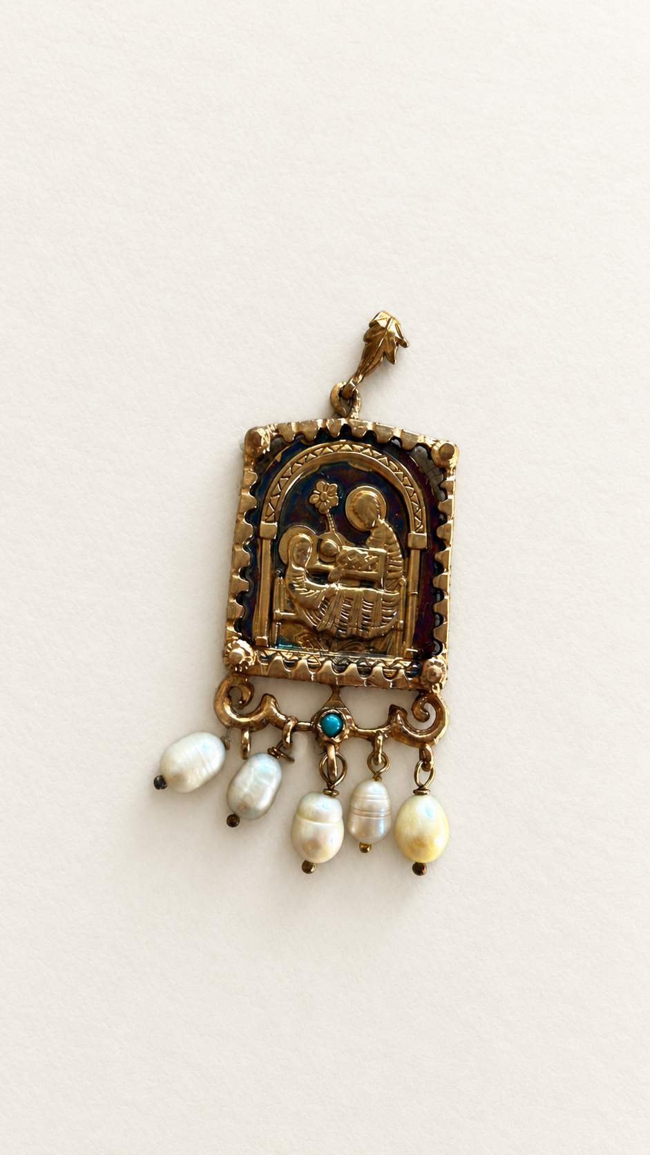 Handcrafted Bronze Religious Icon Pendant with Baroque Pearls and Turquoise Stone Pendant