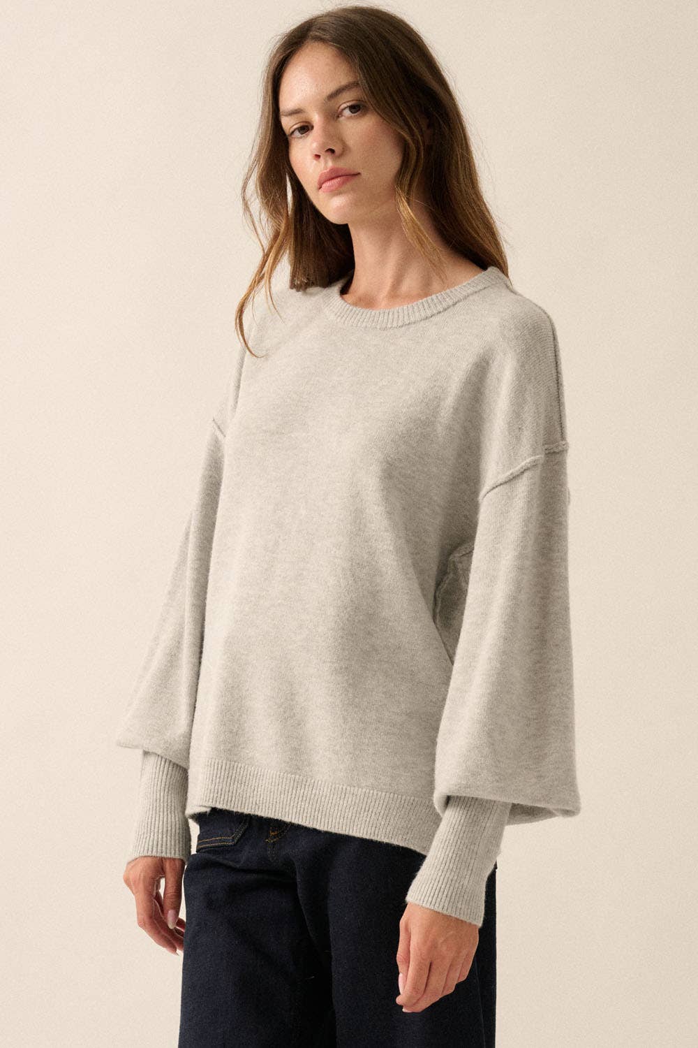 Solid Round-Neck Wide-Sleeve Loose Sweater