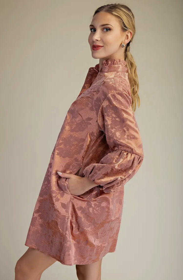 Ruffled Neck Bubble Sleeve Dress