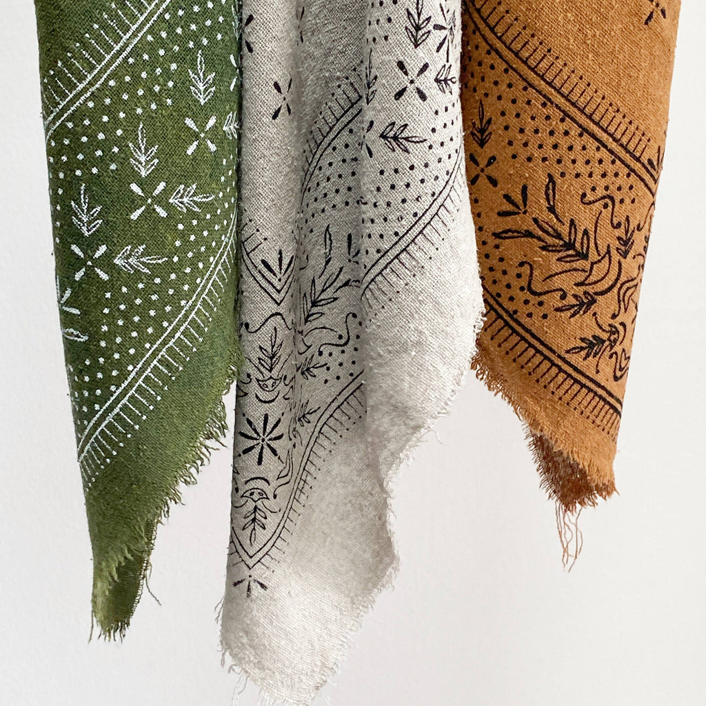Olive Green Classic print Naturally Dyed Bandana (White ink) G5