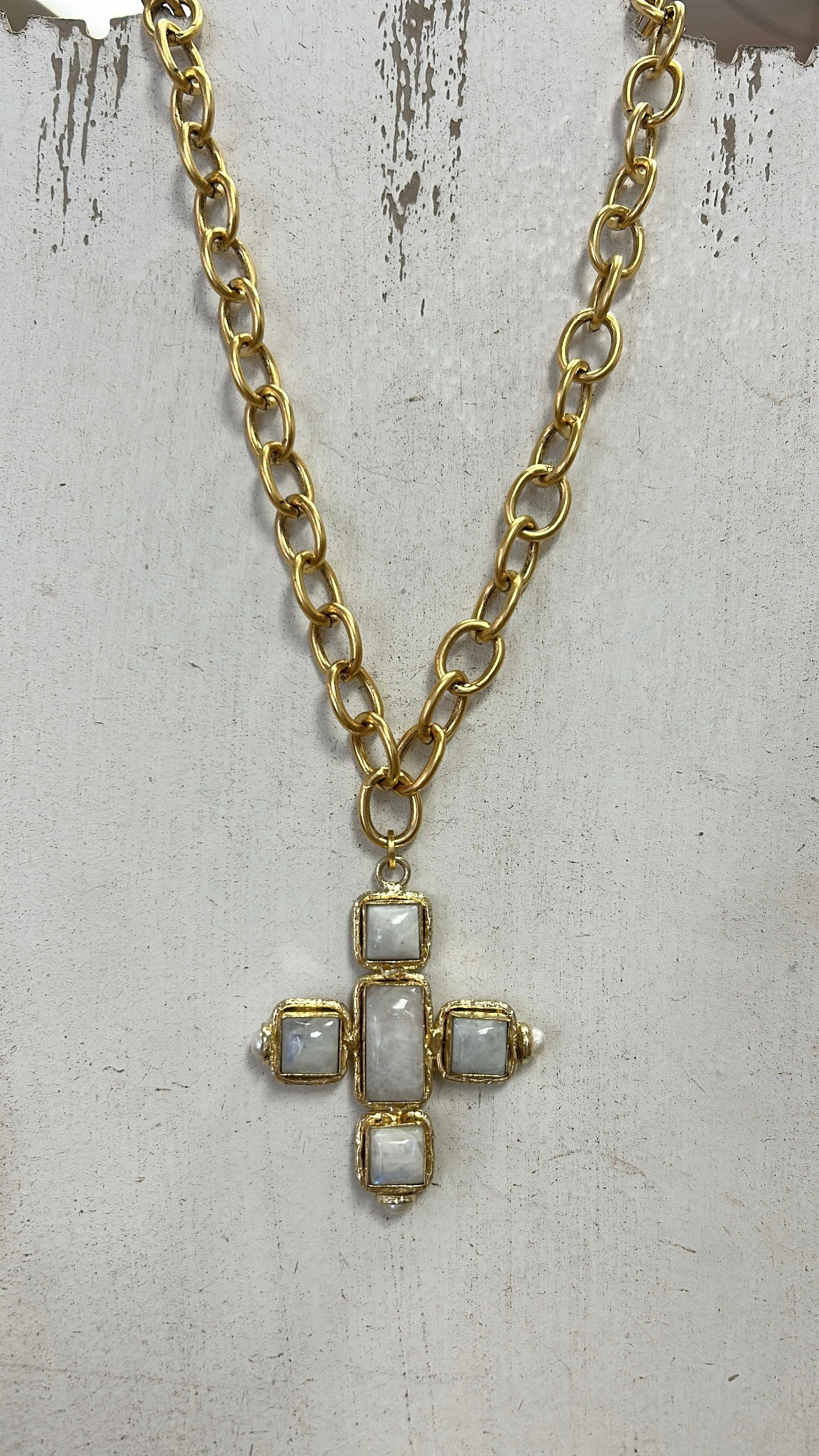 Chunky Rainbow Moonstone Pendant Cross Necklace