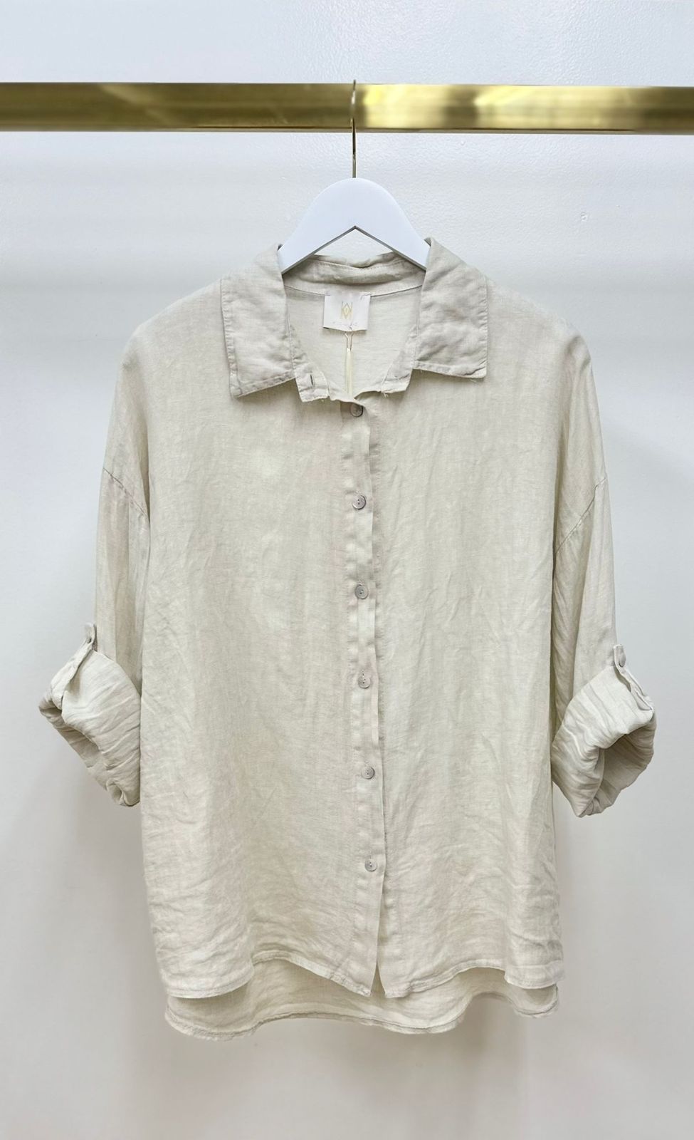 Linen Button Up Roll Tab Sleeve Top