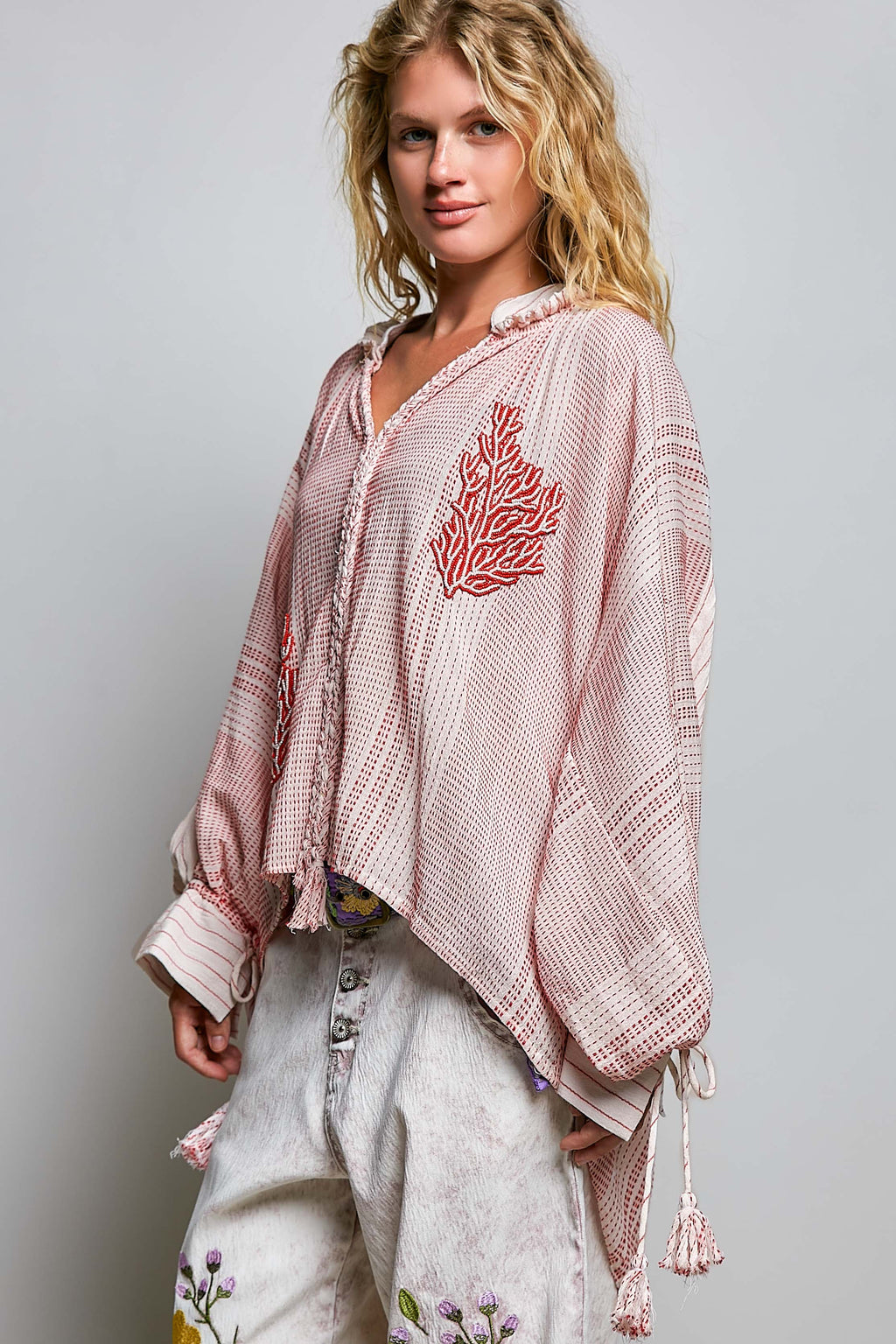 Coral Beading Bold Embroidery Tassel Tie Sleeve Woven Top