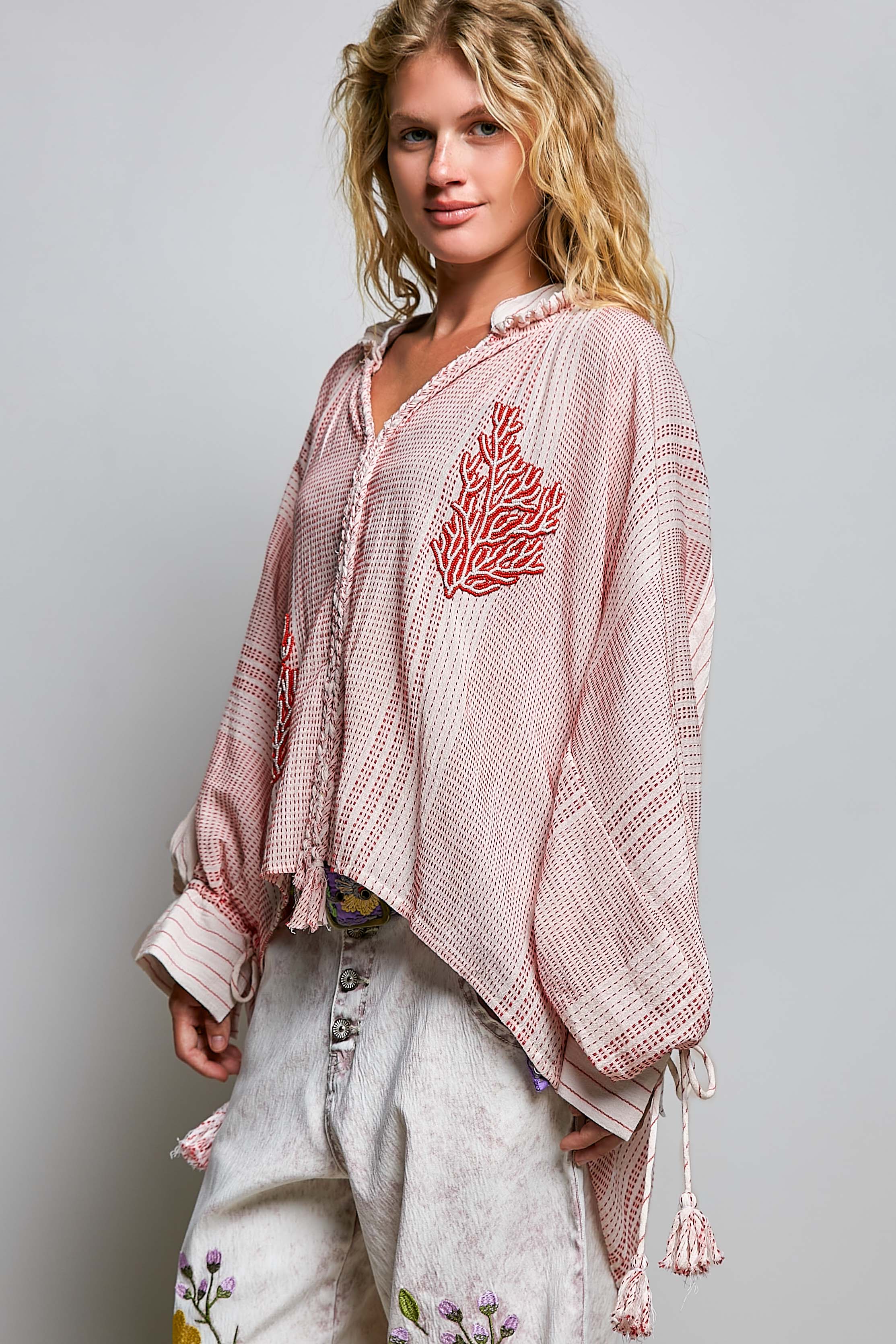 Coral Beading Bold Embroidery Tassel Tie Sleeve Woven Top