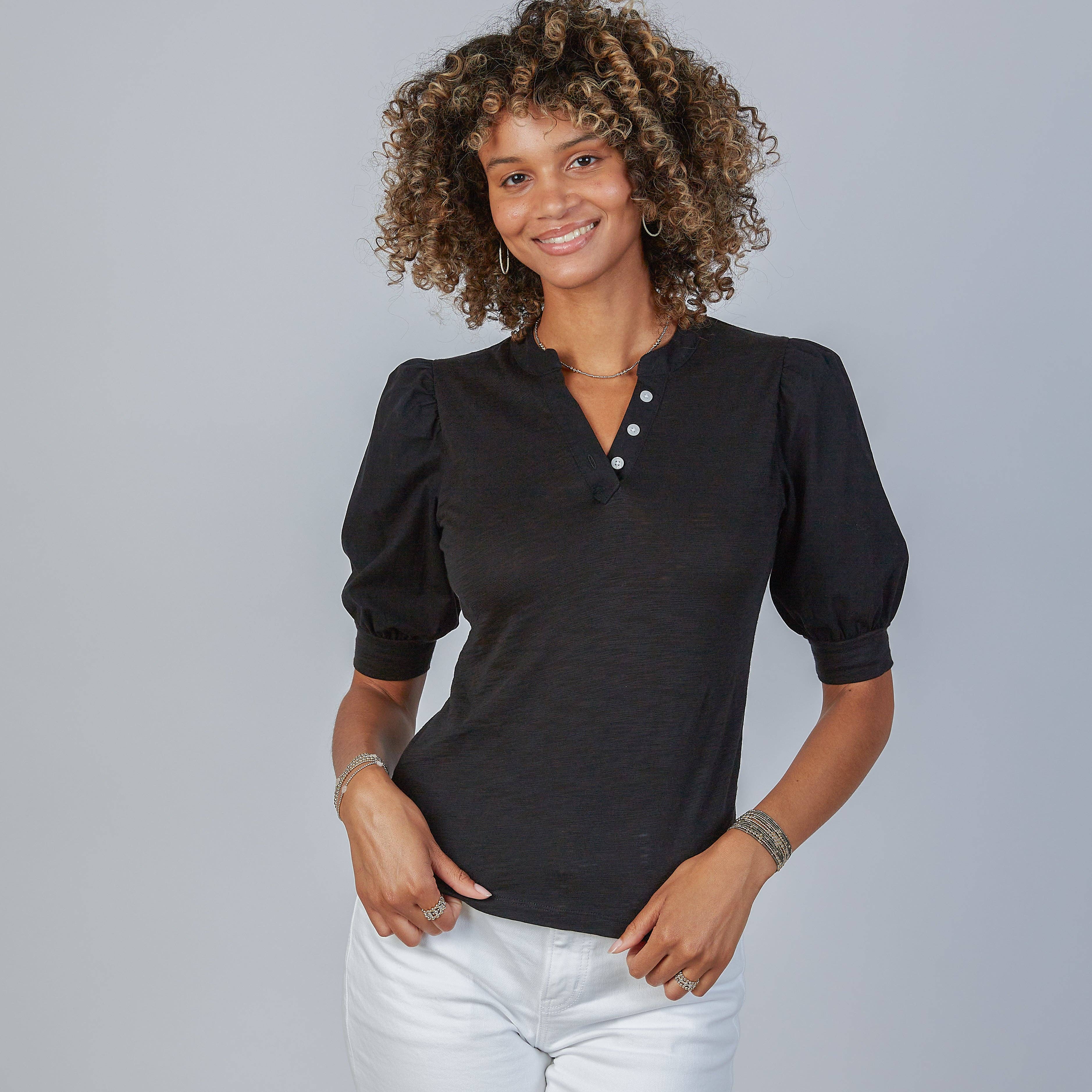 Kate Puff Sleeve V in Slub Tee