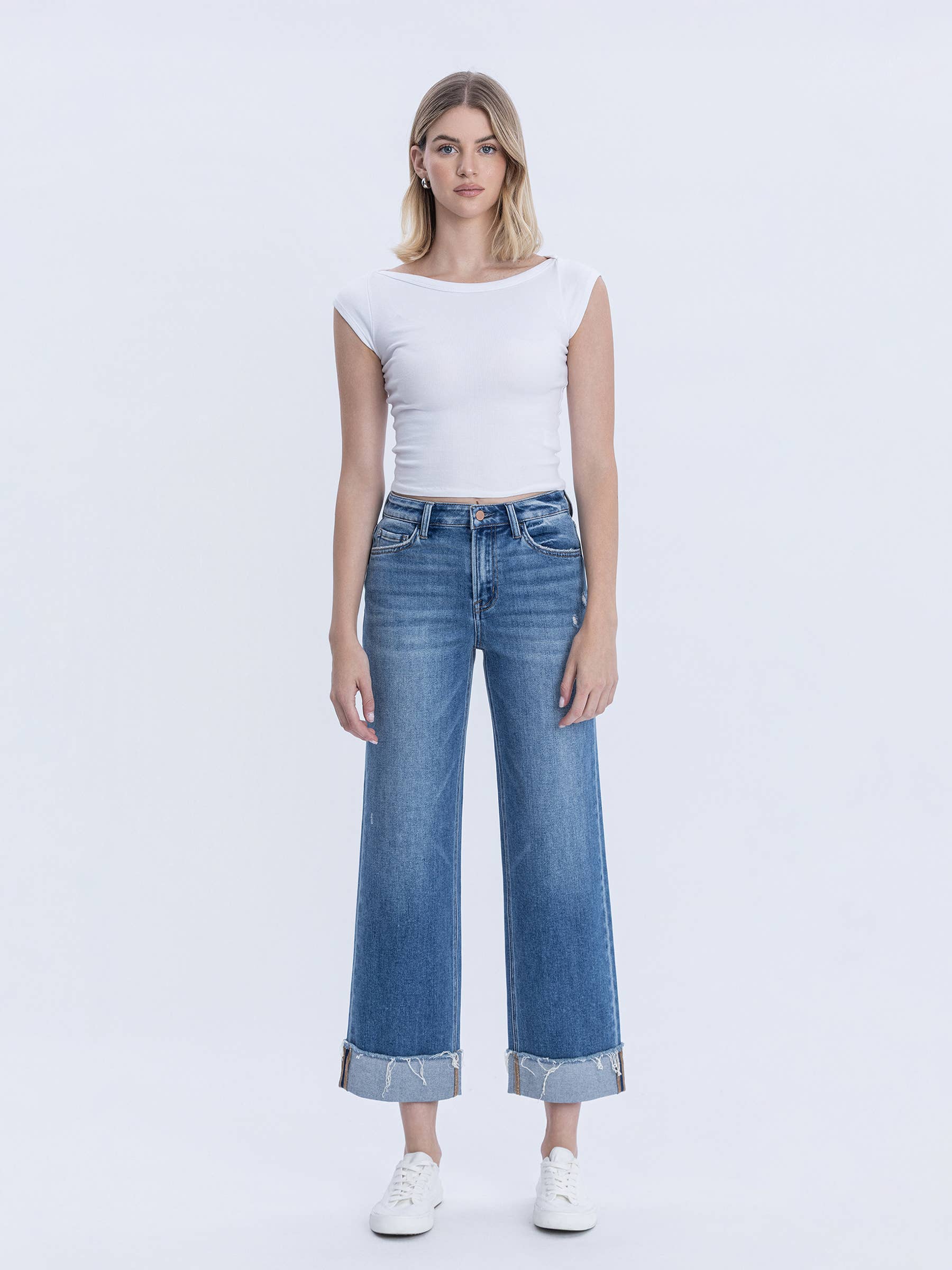 High Rise Raw Cuffed Hem Slim Wide Jeans