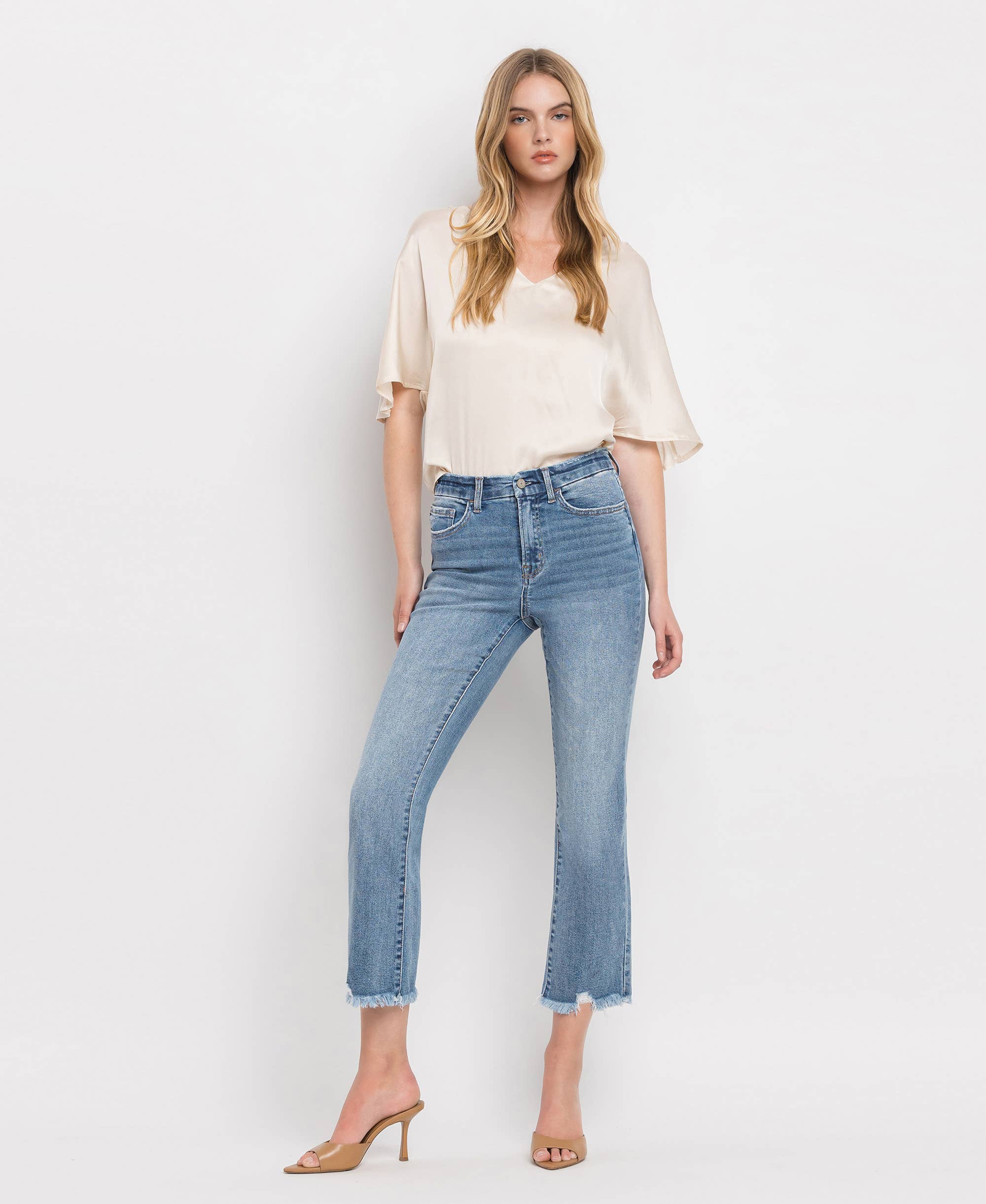 HIGH RISE FRAYED HEM CROP FLARE JEANS MERCIFUL