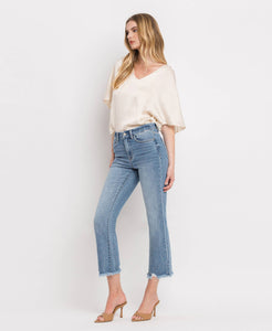 HIGH RISE FRAYED HEM CROP FLARE JEANS MERCIFUL