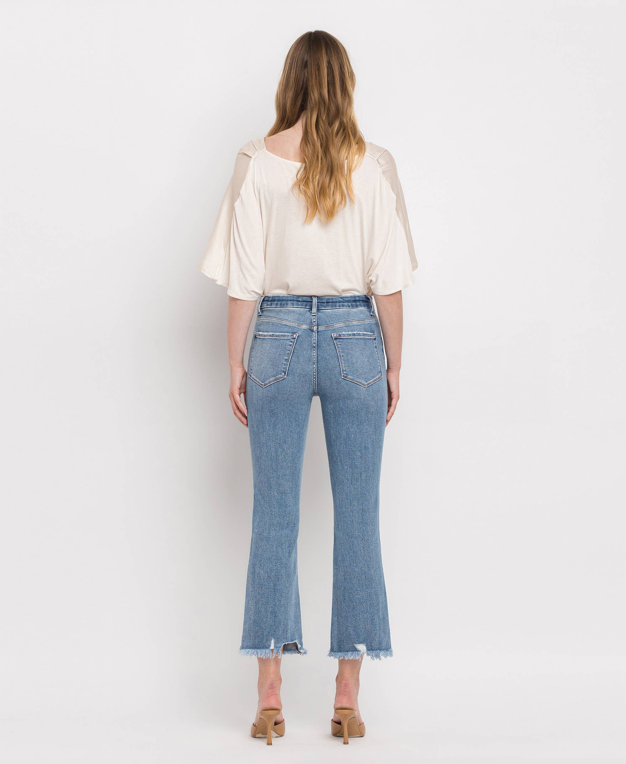 HIGH RISE FRAYED HEM CROP FLARE JEANS MERCIFUL