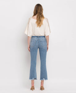 HIGH RISE FRAYED HEM CROP FLARE JEANS MERCIFUL