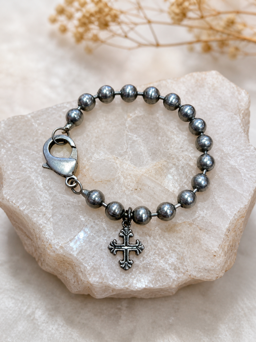 Stainless Steel Beaded Bracelet with Cross Pendant s10