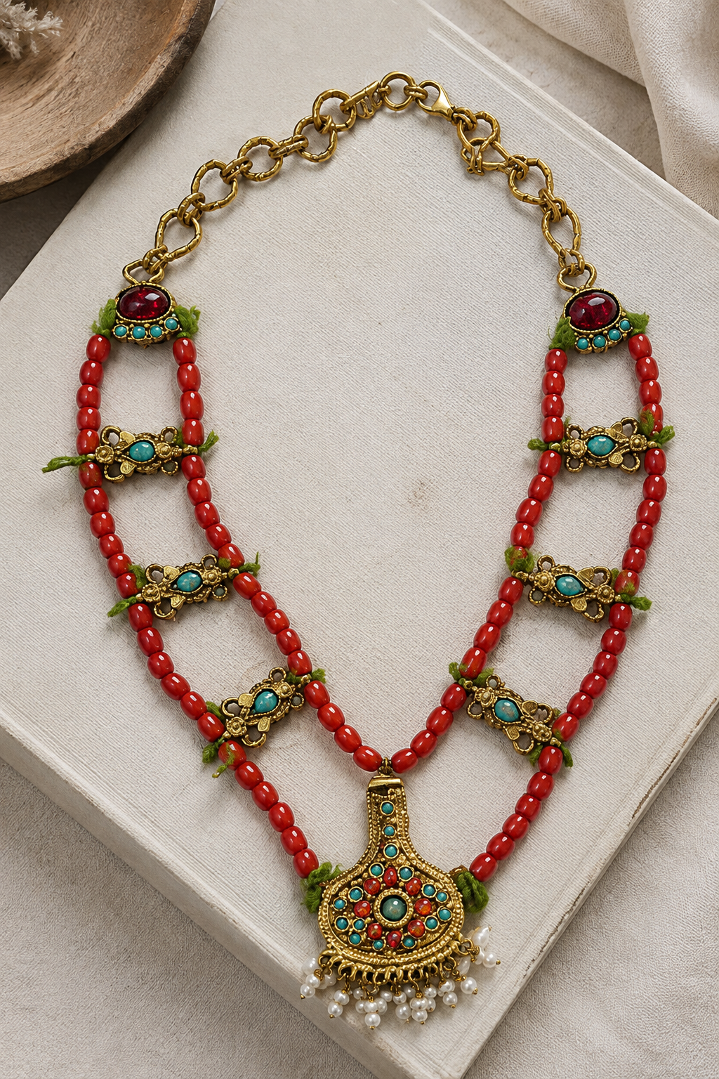 Vintage-Inspired Red & Turquoise Statement Necklace (One of a kind)