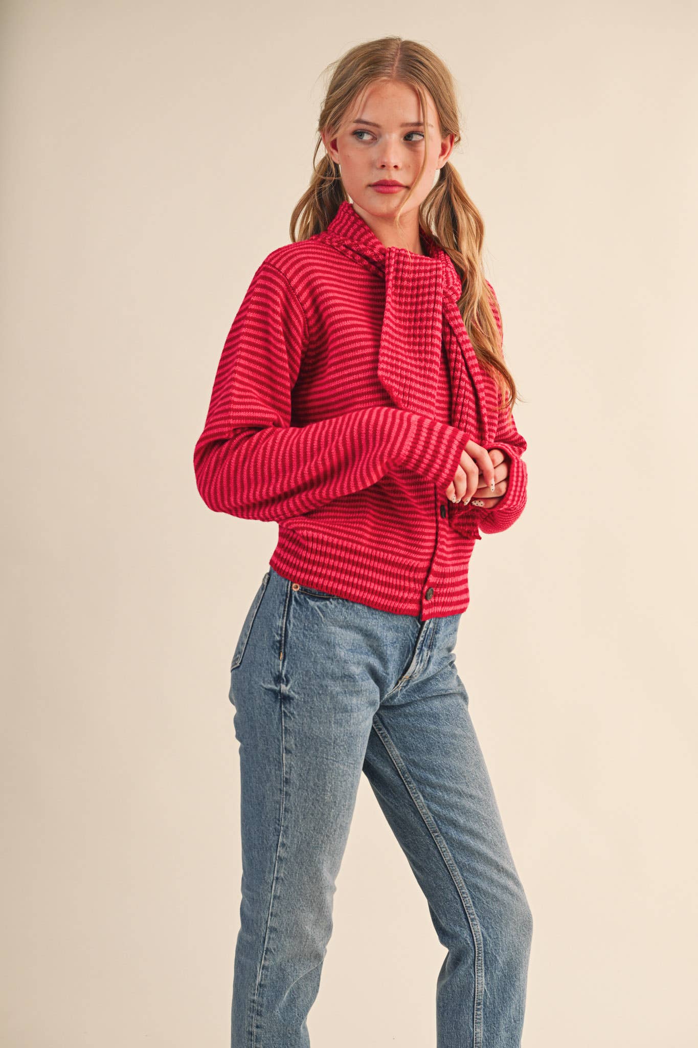 Striped Tying Neck Sweater Cardigan