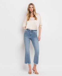 HIGH RISE FRAYED HEM CROP FLARE JEANS MERCIFUL