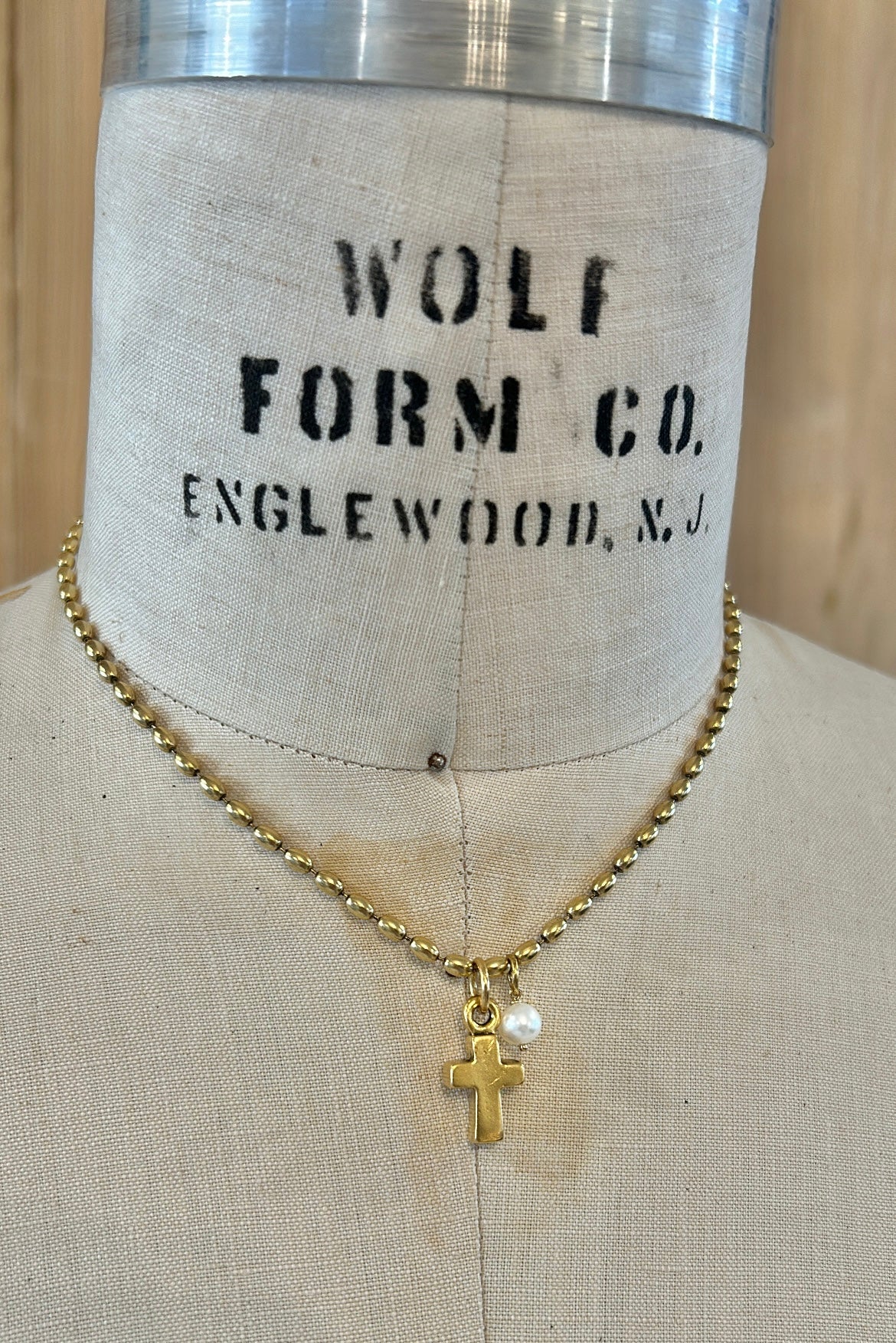 Gold Rice Beaded Necklace with Cross & Pearl 105