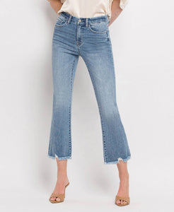 HIGH RISE FRAYED HEM CROP FLARE JEANS MERCIFUL