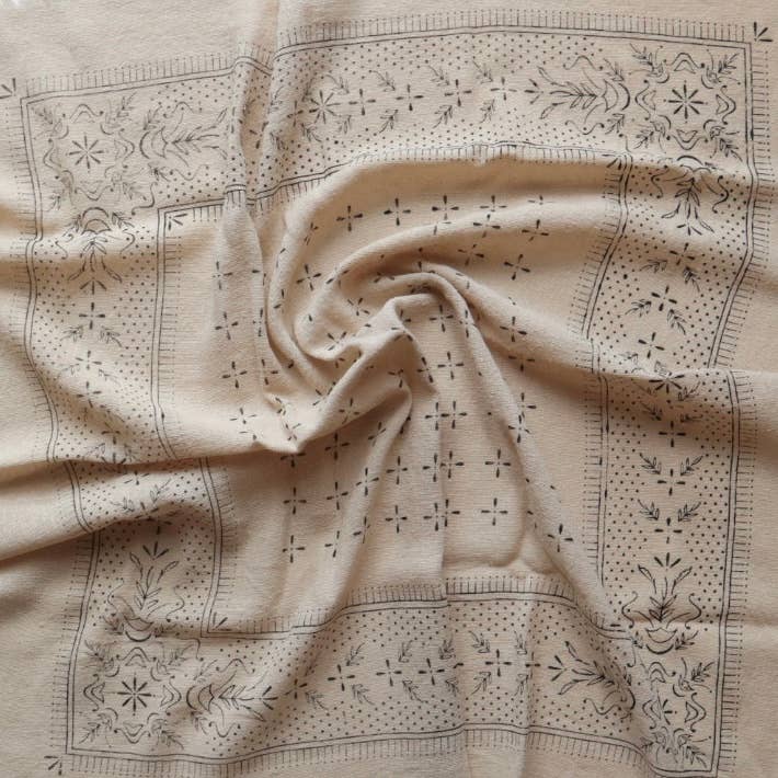 Oatmeal Classic Print Naturally Raw Silk Bandana -black ink G3