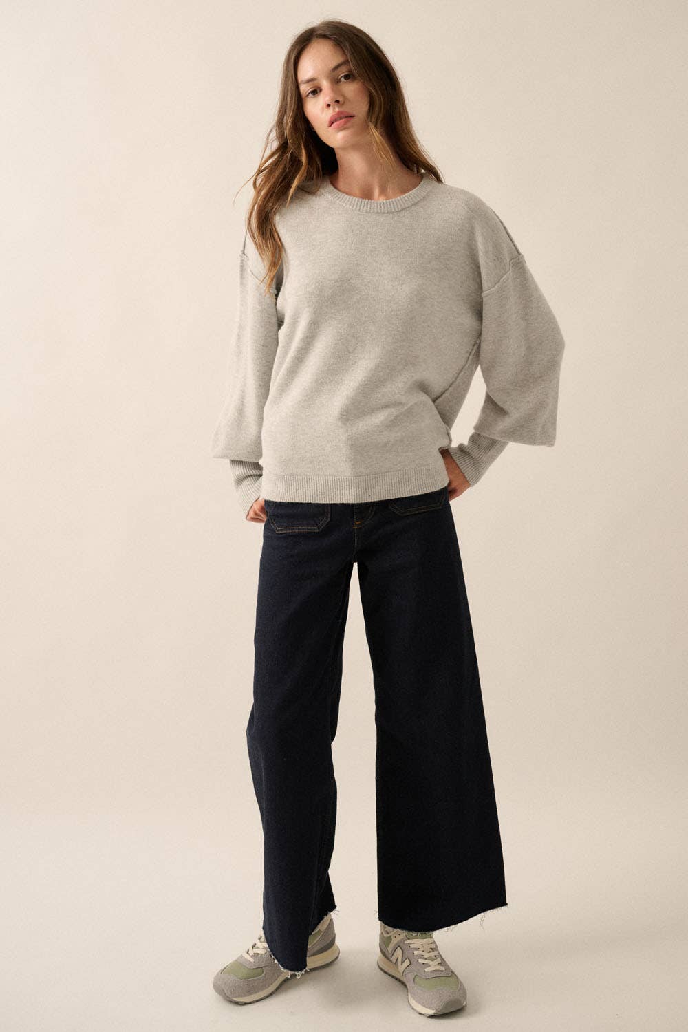 Solid Round-Neck Wide-Sleeve Loose Sweater