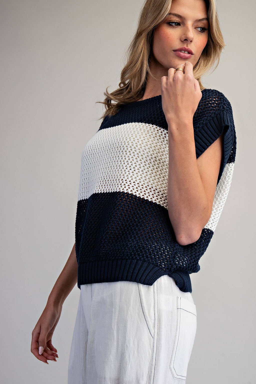 Open Knit Cap Sleeve Sweater Top