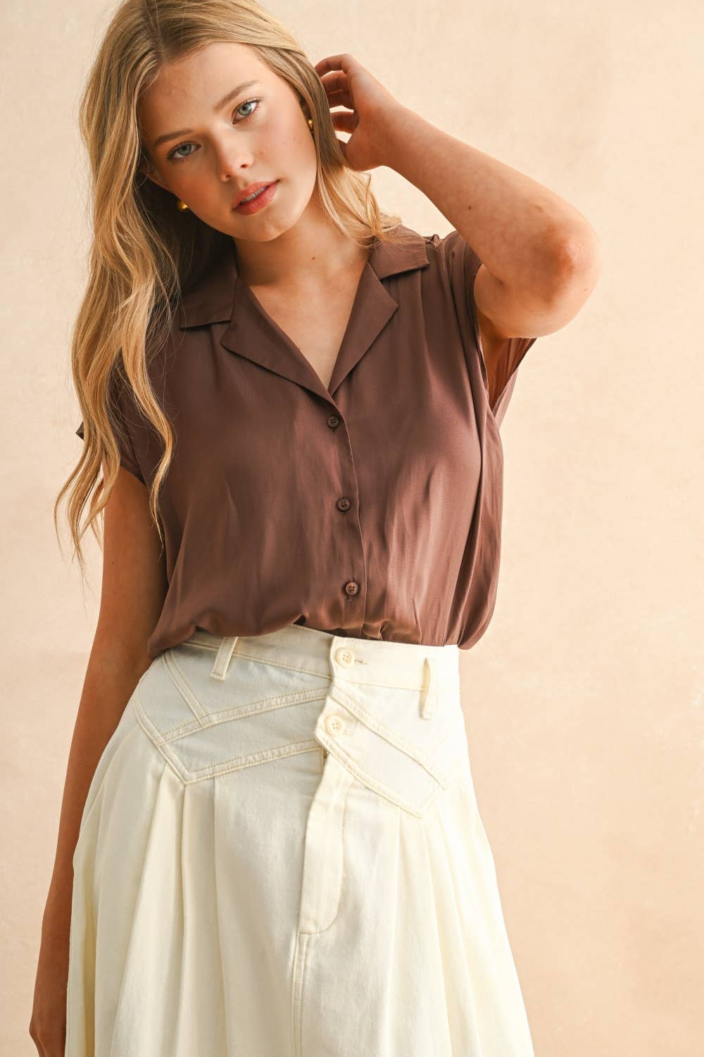 Button Down Cap Sleeve Shirt