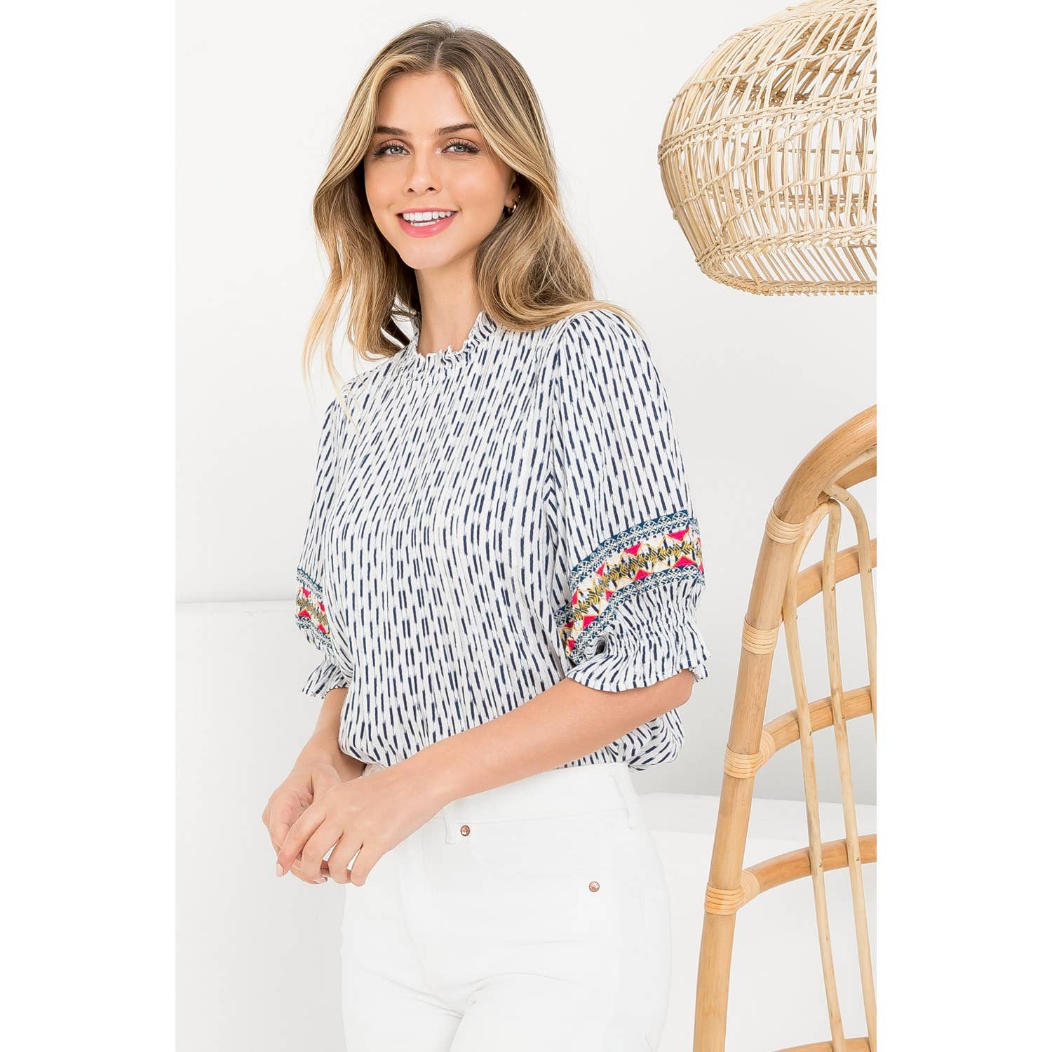 White Stripe Embroidered Top with Ruffle Elbow