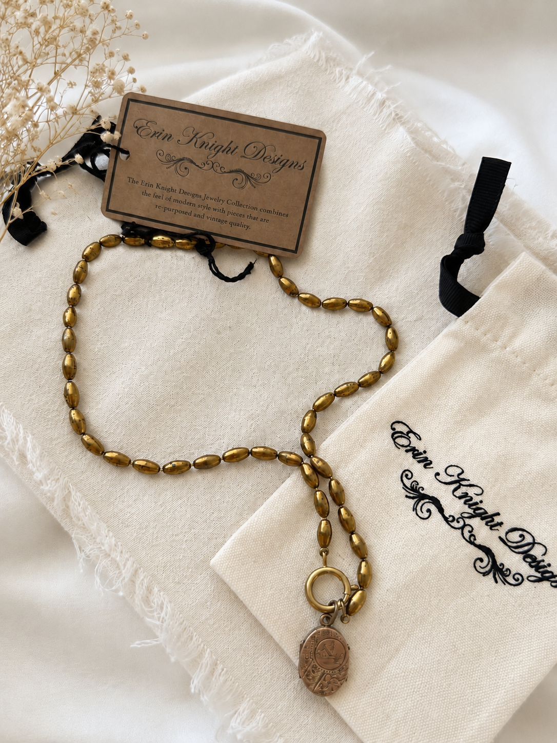 Vintage Brass Beaded Necklace with Antique Locket Charm