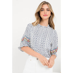 White Stripe Embroidered Top with Ruffle Elbow