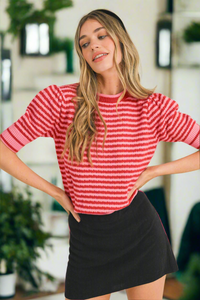 Striped Pointelle Knit Puff Sleeve Sweater