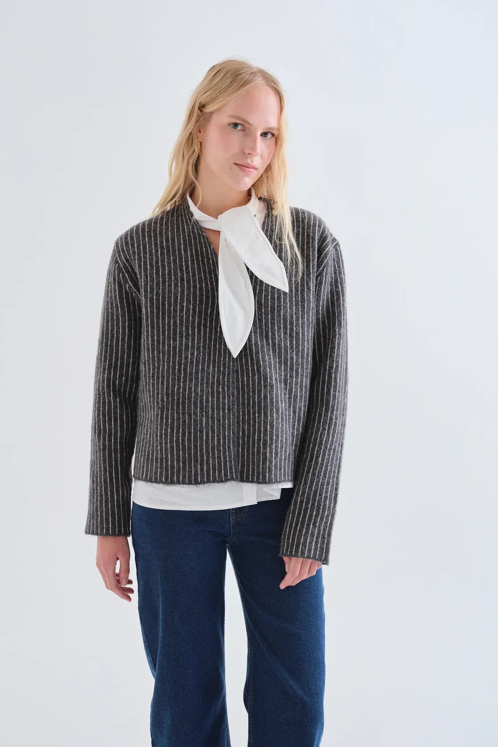 Dark Gray & White Striped Cardigan