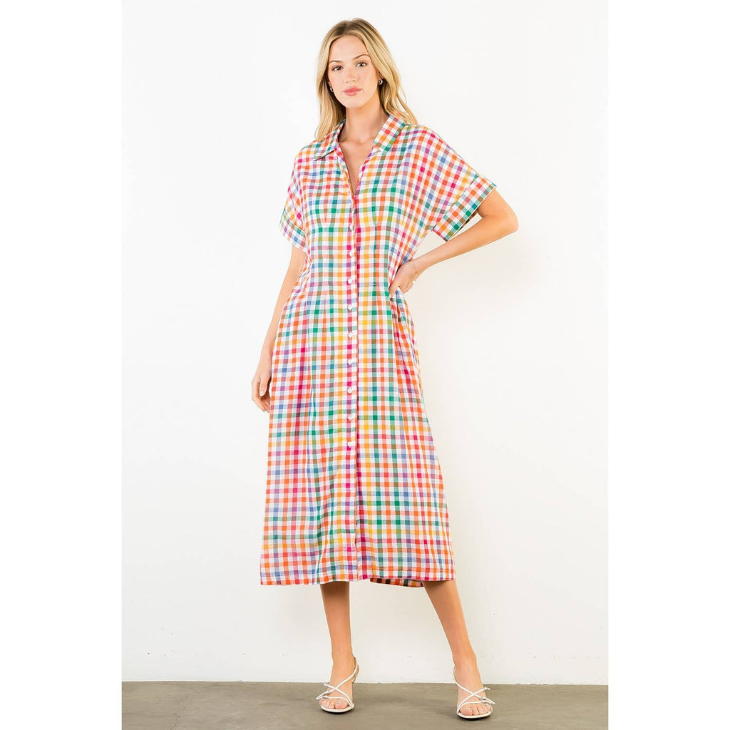 Short Sleeve Plaid Button Down Dress