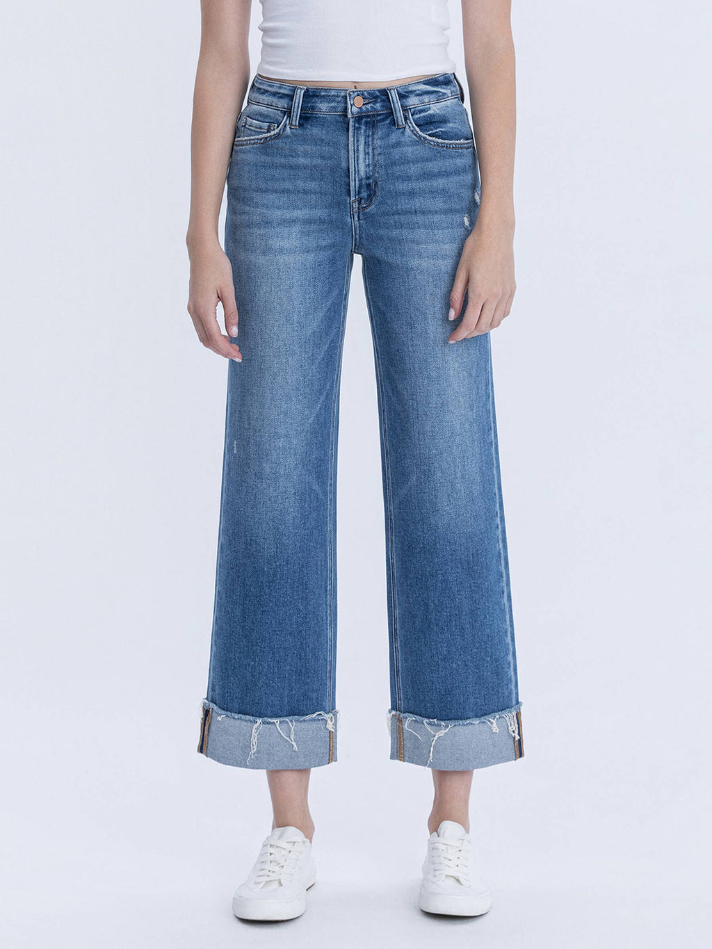 High Rise Raw Cuffed Hem Slim Wide Jeans