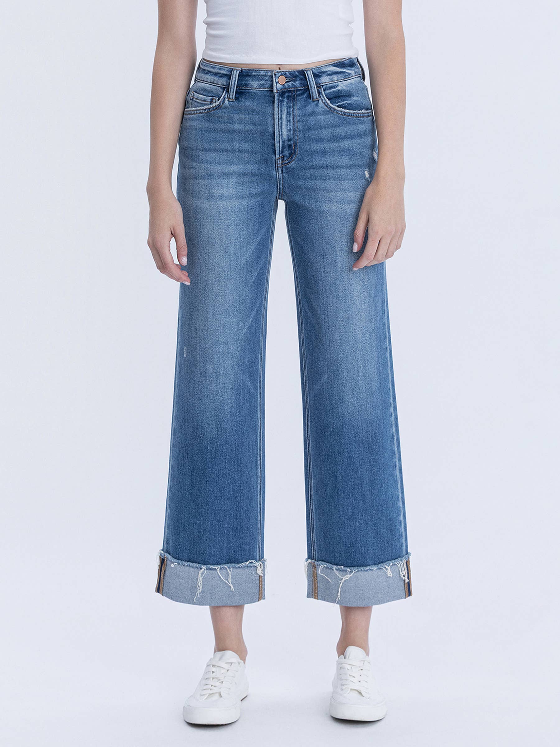 High Rise Raw Cuffed Hem Slim Wide Jeans