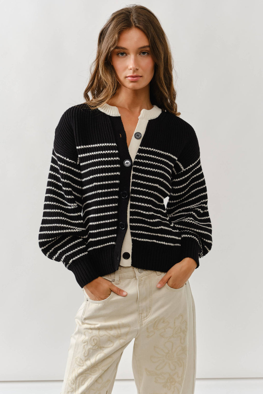 Voluminous Sleeve Stripe Cardigan