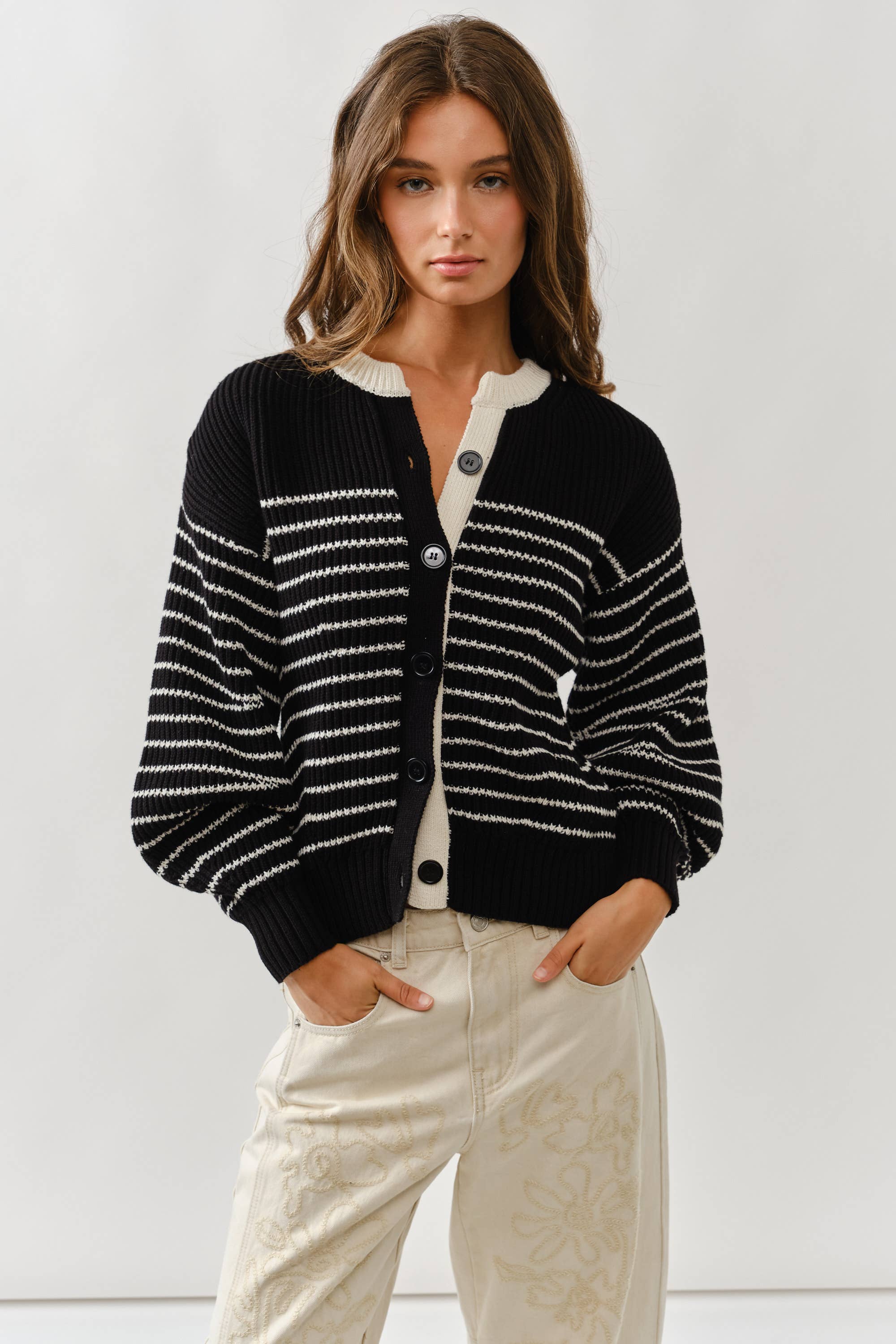 Voluminous Sleeve Stripe Cardigan