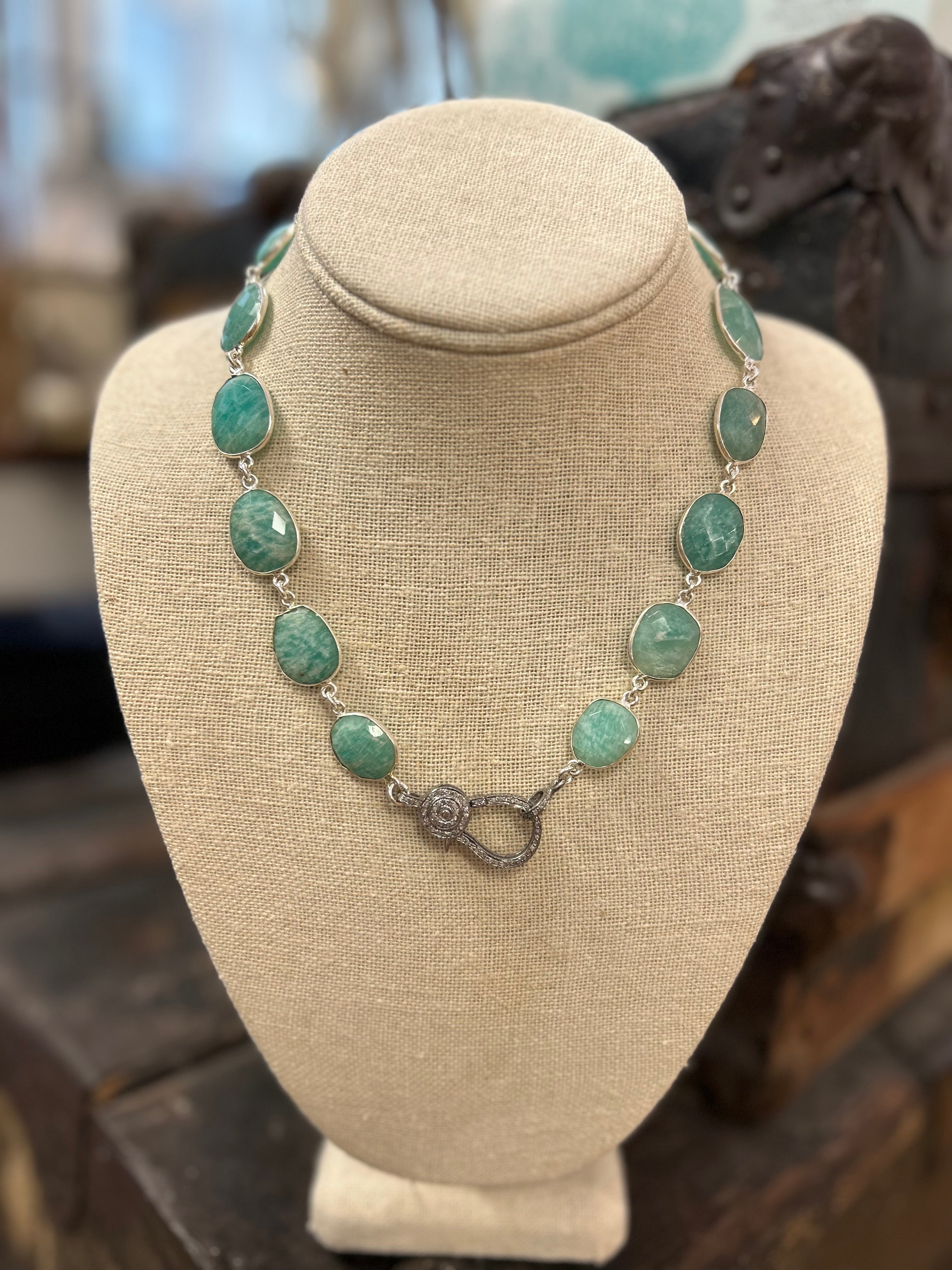 Turquoise Bezel Necklace Pave Diamond Lobster A4