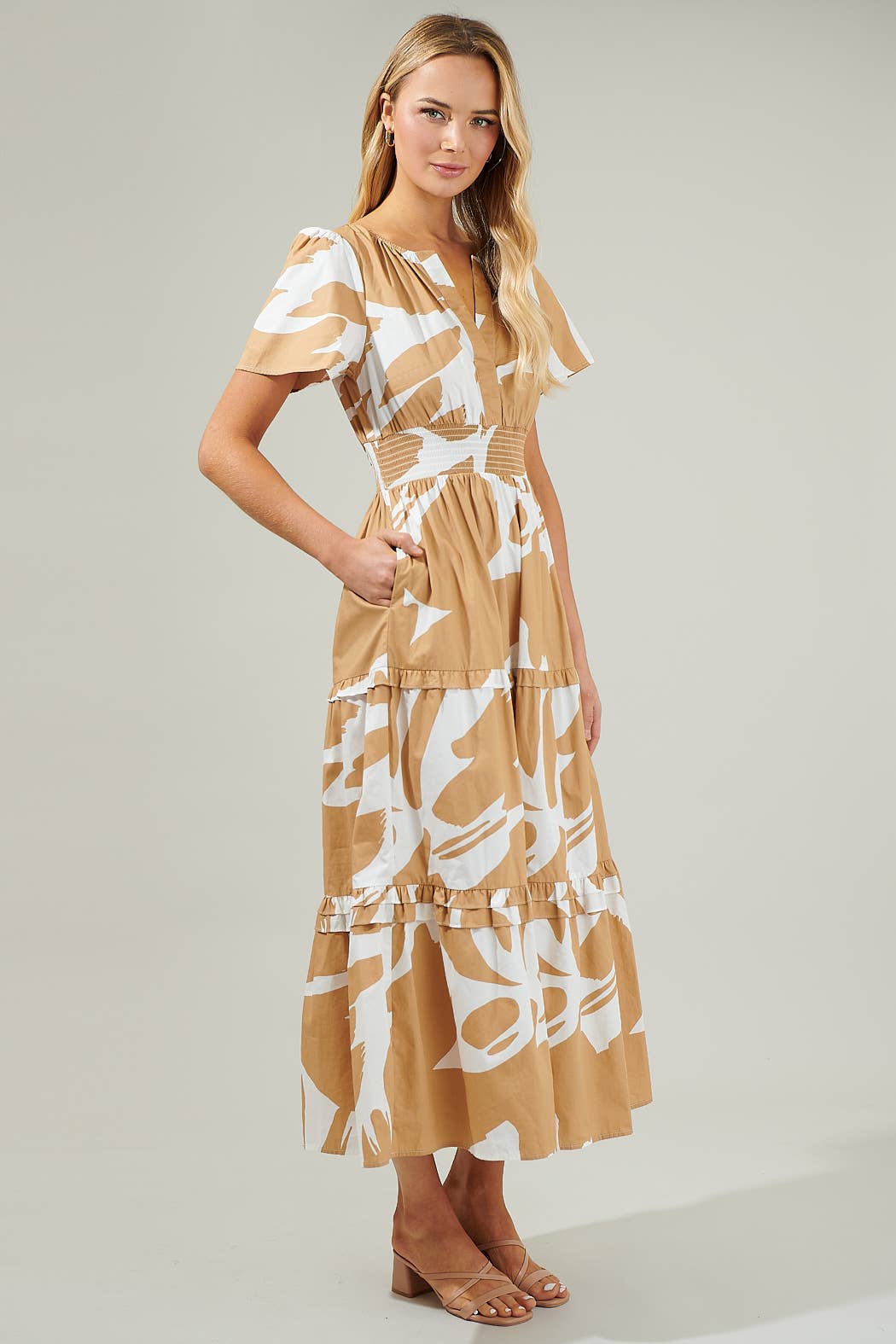 Hazel Abstract Palmer Poplin Tiered Maxi Dress