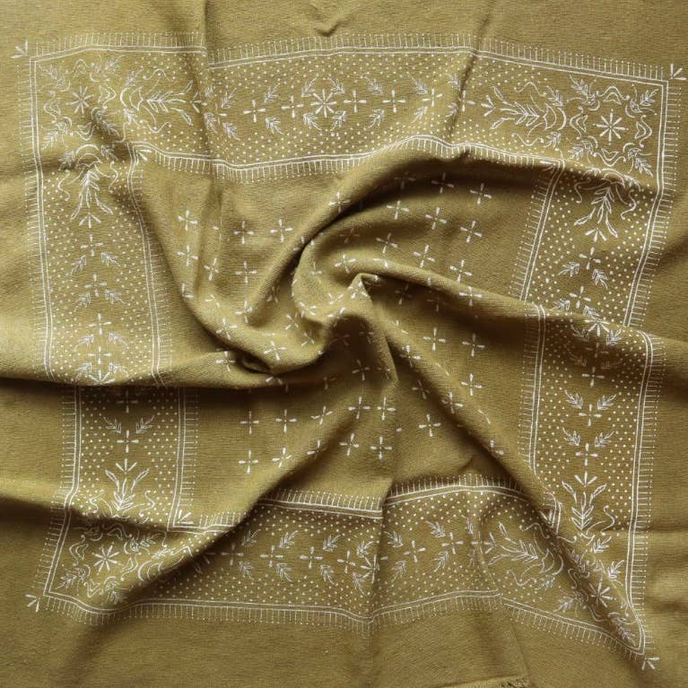 Olive Green Classic print Naturally Dyed Bandana (White ink) G5