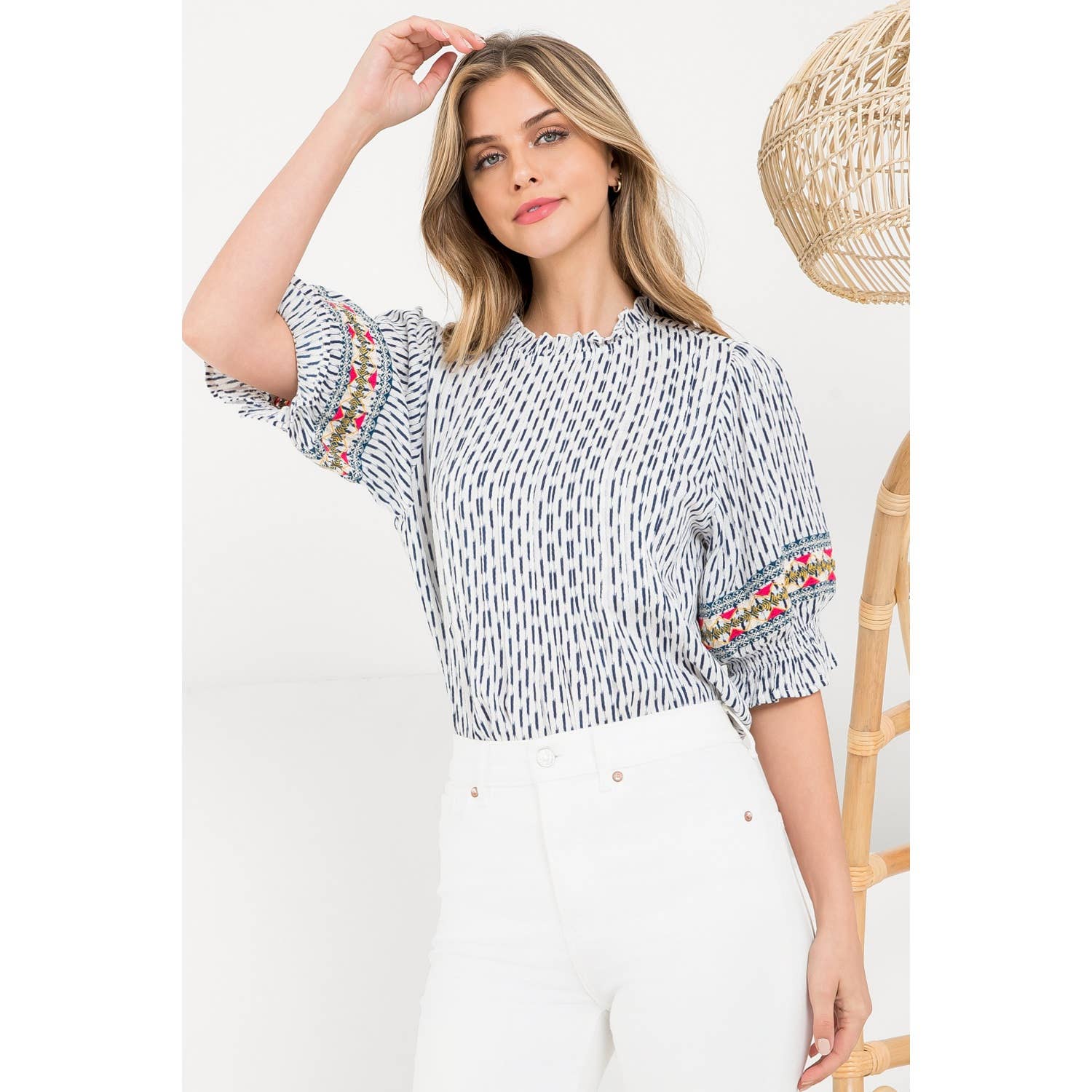 White Stripe Embroidered Top with Ruffle Elbow