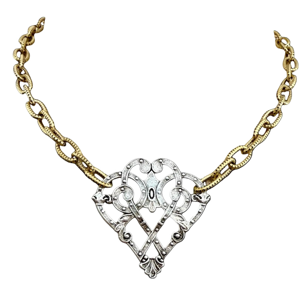 Mixed Metal Sterling and Gold Plated 17" Chain with Vintage Reproduction Scroll Heart