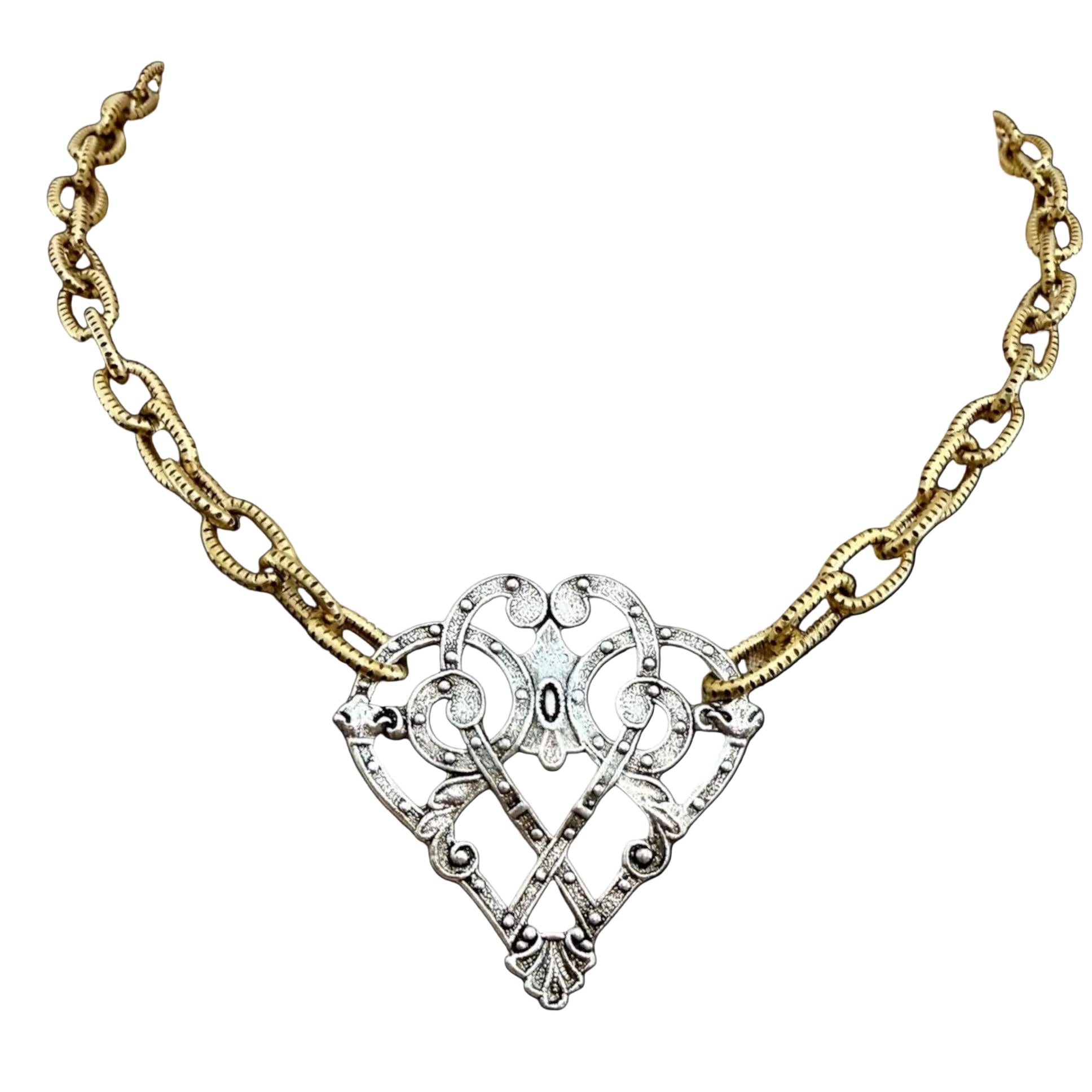 Mixed Metal Sterling and Gold Plated 17" Chain with Vintage Reproduction Scroll Heart